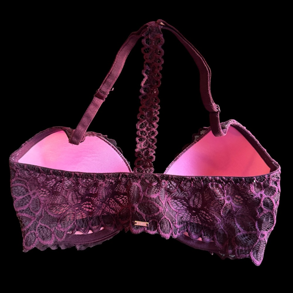 PINK Victoria's Secret Bra 34D Purple Lace Front Closure Racerback Puh Up Floral - Picture 2 of 6
